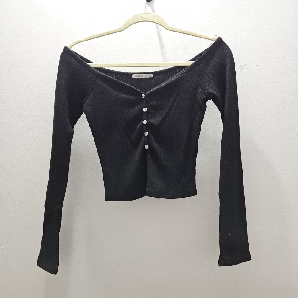 Active USA Black Ribbed Off-Shoulder Long Sleeve Top